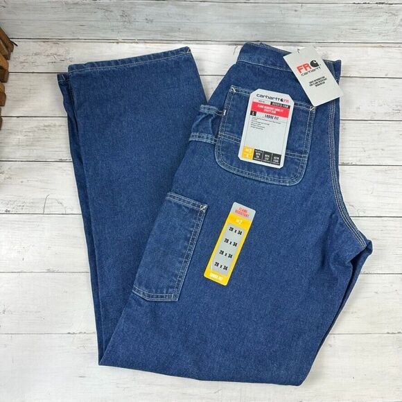 Carhartt FR Jeans Size 28X34 Blue Relaxed Work Dungaree FRB13‎ DNM New